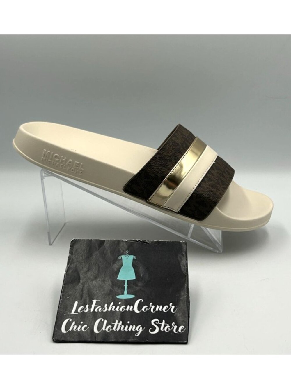 NWOB Michael Kors Men's Rubber White Brandy Metallic Striped Sandal Size 11 3490 - Picture 14 of 16